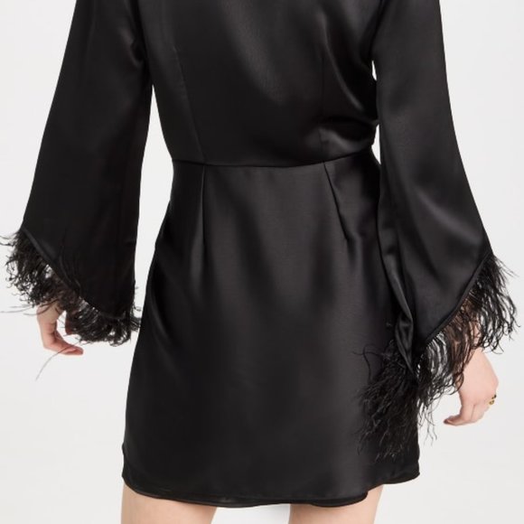 WAYF Ostrich Feather Trim Wrap Mini Dress Black Satin LBD Size XS - Picture 4 of 4